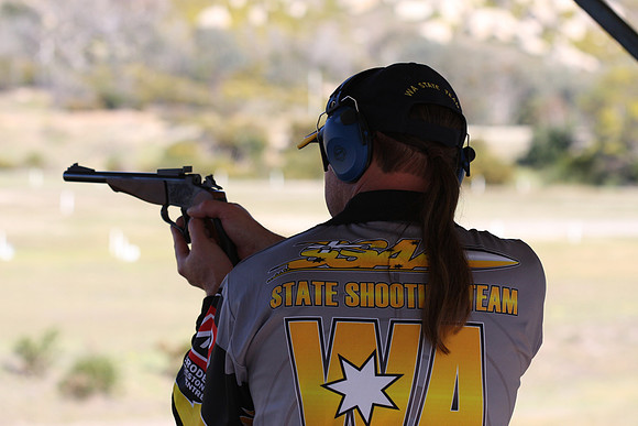 A shooter prepares for the shot at the 2008 Handgun Metalic Silhouette Championships, held at the SSAA Eagle Park Sporting Complex in Victoria.